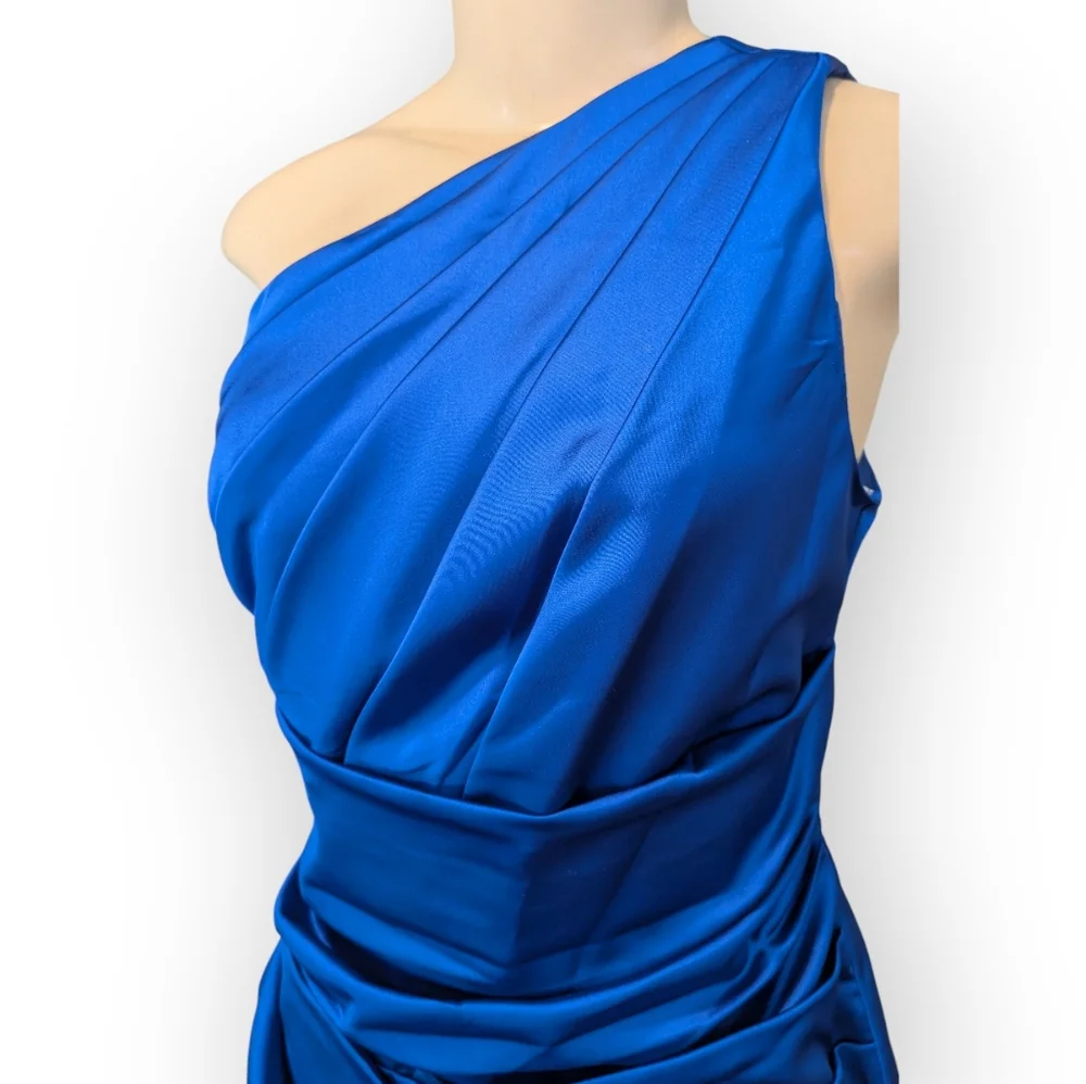 David's Bridal One Shoulder Asymmetrical Ruched Horizon Blue Cocktail Dress 16